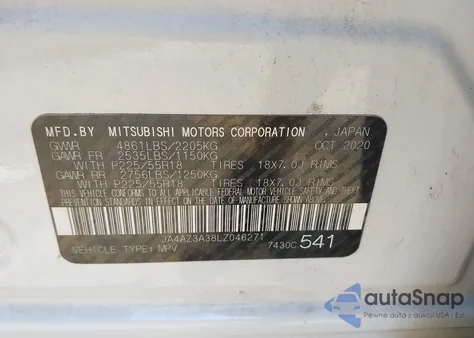 2020 Mitsubishi Outlander Se/Sel/Le из США, поврежденный, VIN JA4AZ3A38LZ046271